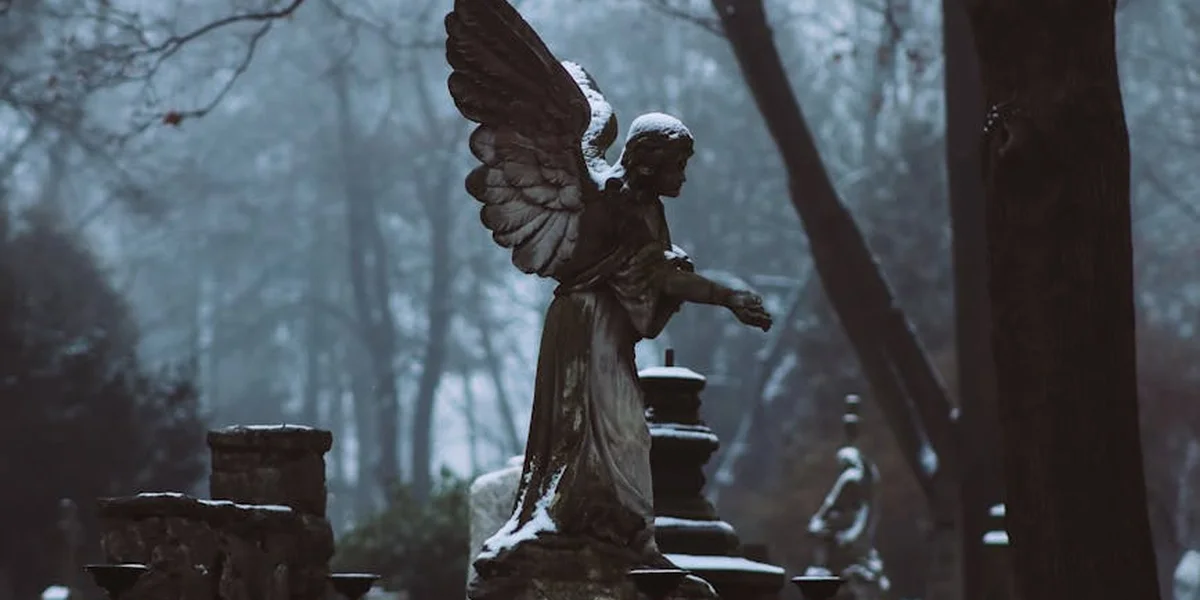 Winged angel statue in a foggy, leafless park with stone balustrades