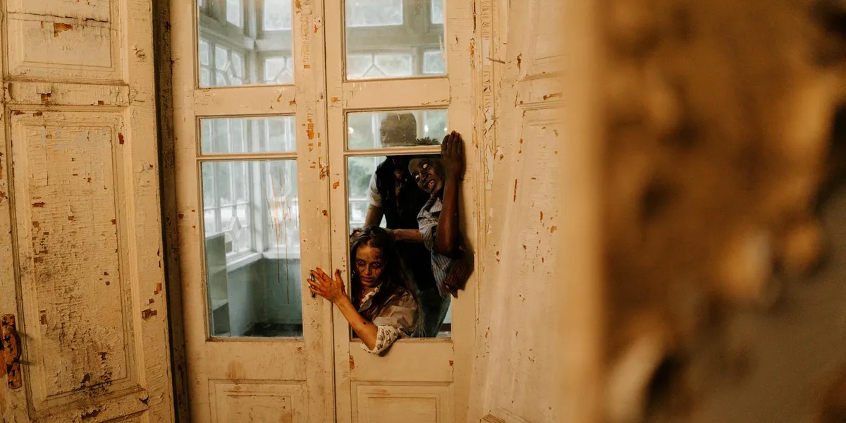 A person clutches a window frame inside a dilapidated room with peeling walls, conveying confinement and tension typical of anxiety dreams.