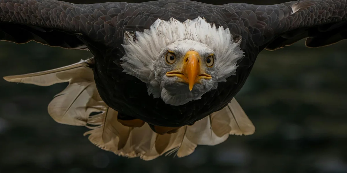 Close-up of a bald eagle in mid-flight with wings spread wide, white head, and yellow beak.