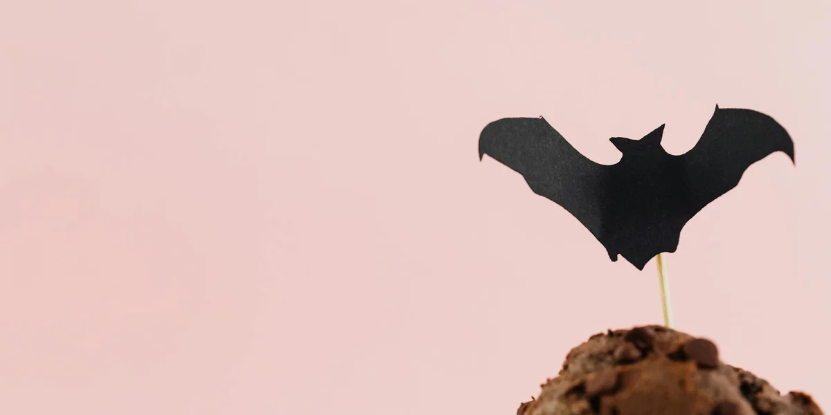 Silhouette of a bat-shaped cutout mounted on a stick against a soft pink background.