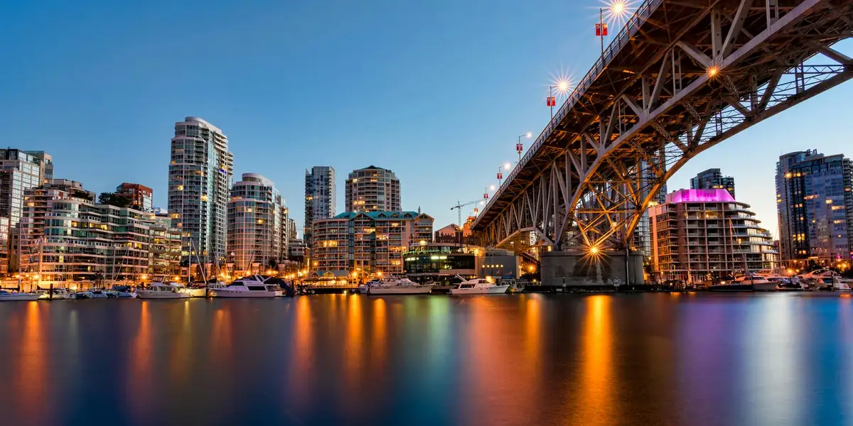 City skyline at dusk with a large illuminated bridge spanning a calm river