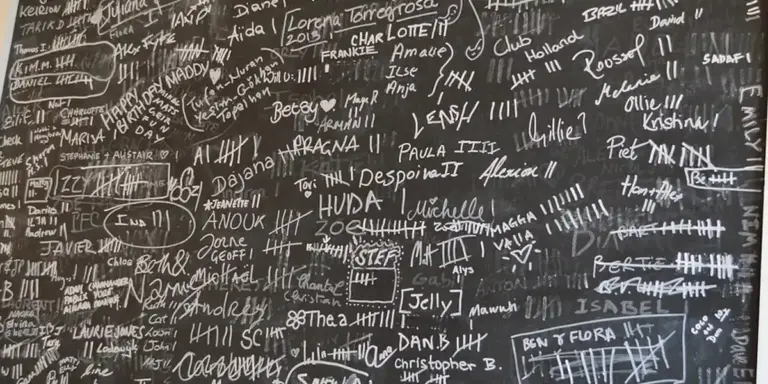 A chalkboard filled with hand-written names and tally marks in white chalk.