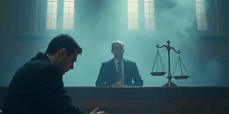 A hazy blue-lit courtroom scene with a man in the foreground on the left, a judge seated at the bench in the center, and the scales of justice on the right.