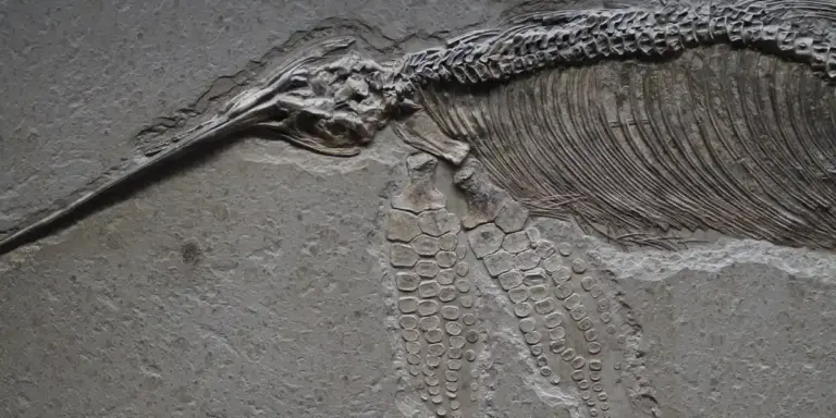 Fossilized dinosaur skeleton embedded in rock