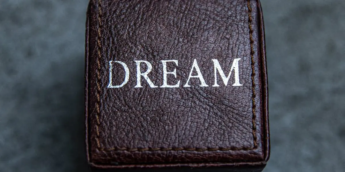 Close-up of a brown leather-bound cover with the word 'DREAM' embossed in white