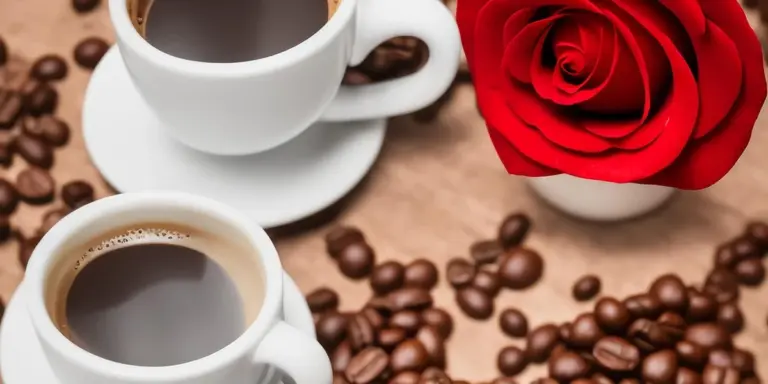 White cup of black coffee on a wooden table, surrounded by scattered coffee beans and a red rose.