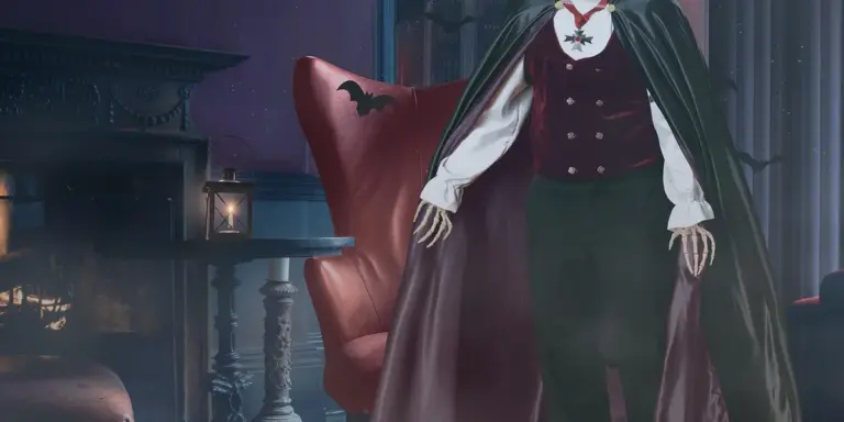 A gothic-clad figure in a cape stands in a dim, candlelit room, suggesting mystery and the unknown within dreams.