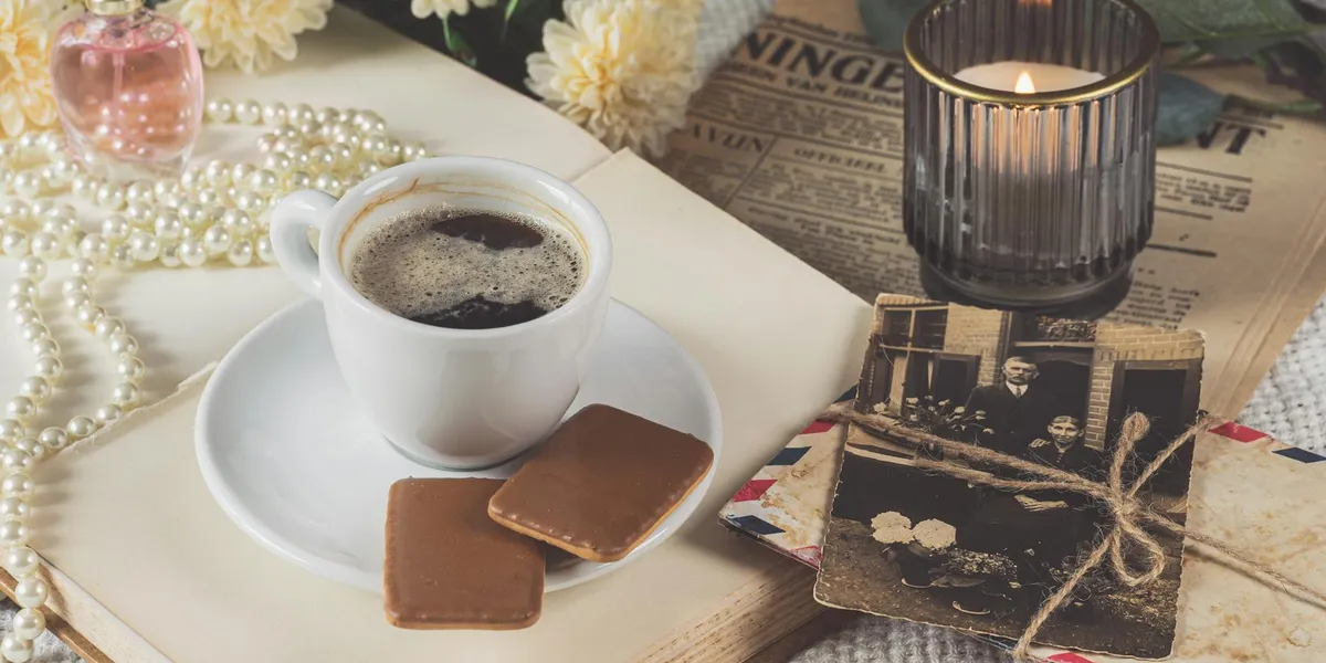 Tabletop scene with a white cup of coffee, two caramel cookies, a string of pearls, a lit candle, vintage photos tied with twine, and a newspaper—evoking nostalgia and the theme of finding long-lost items after loss.