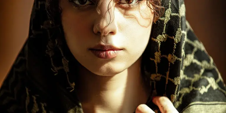 Close-up of a young woman with a patterned scarf partially veiling her head, gazing forward with a calm, guarded expression.