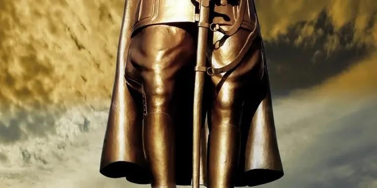 Bronze statue of a cape-wearing figure holding a staff, symbolizing leadership and guidance.