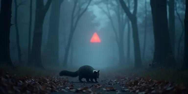 A dark, misty forest path with a skunk walking toward the camera and a glowing red warning triangle visible in the distance.