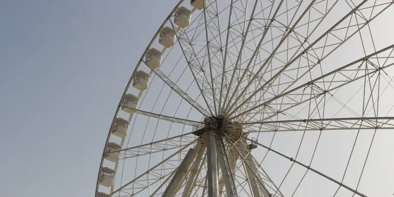 A large Ferris wheel photographed from below against a clear sky.