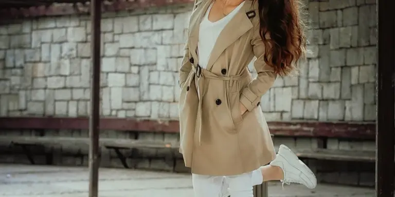 Person wearing a beige trench coat and white sneakers standing outdoors beside a stone wall, suggesting contemplation of dreamlike layers.
