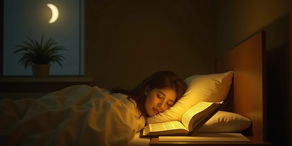 A person rests on a bed with an open book, illuminated by a warm yellow light, while a crescent moon appears in a window.