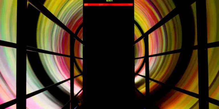 A dark doorway or portal surrounded by a swirling rainbow of colors, evoking dreamlike imagery and the brain's color processing.