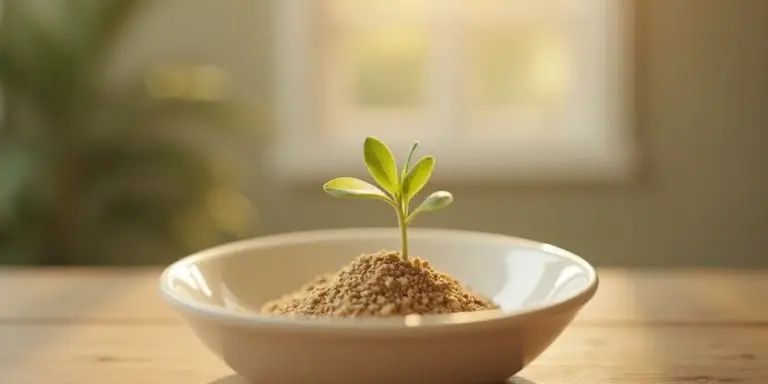 A small green seedling sprouting from a mound of soil in a white ceramic bowl on a wooden surface
