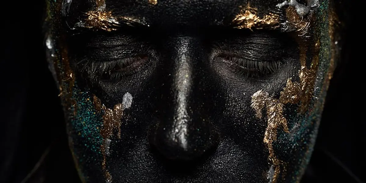 Close-up of a person’s face with black paint and gold glitter, eyes closed, evoking transformation and inner exploration.