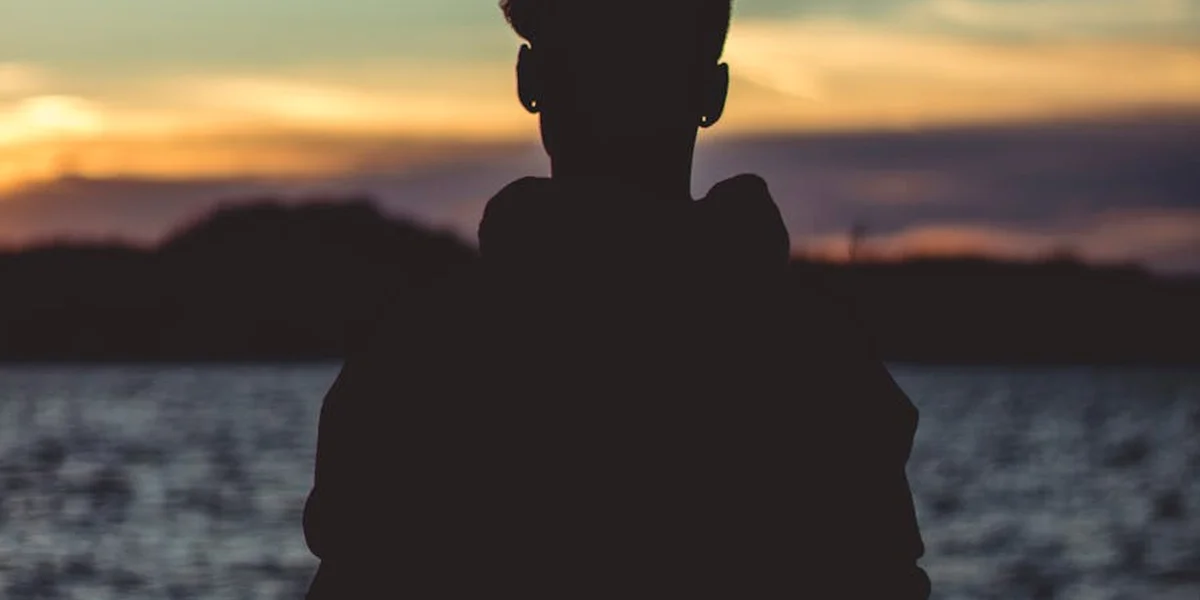 Silhouette of a person standing at the edge of a body of water during sunset, with the surrounding landscape blurred, conveying invisibility and hidden depths.