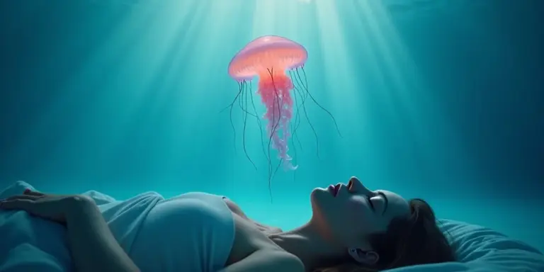 Underwater scene of a person lying on their back, with a pink jellyfish drifting above as sunlight filters through the blue water