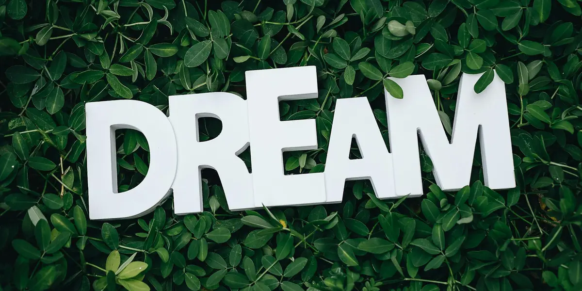 Bold white letters spelling 'DREAM' on a lush green leafy background.