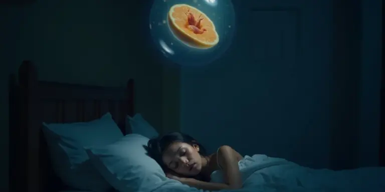 Person sleeping in bed with a floating dream bubble containing a sliced orange above them.
