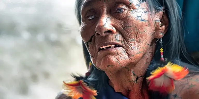Close-up portrait of an elderly person with deep facial scars and weathered skin, wearing colorful feather earrings.