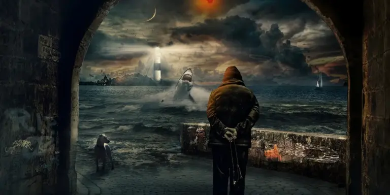 A hooded figure stands at the edge of a weathered stone arch, looking out over a dark, churning sea with distant ships under a dramatic sky.