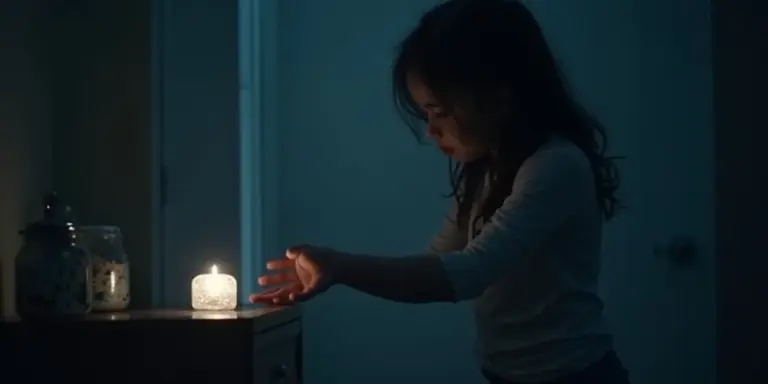 A person in a dimly lit room reaches toward a small candle on a dresser, suggesting temptation and secrecy.
