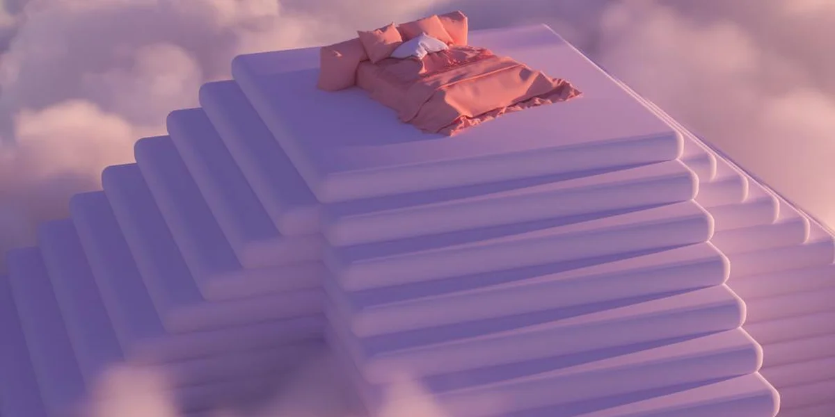 A stack of white folded sheets arranged like a stepped loom, with a small torn pink sheet on top, set against a soft pink sky.