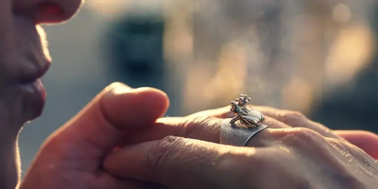 Close-up of a small frog perched on a ring worn on a finger, with a person’s lips near the hand and a softly blurred background.