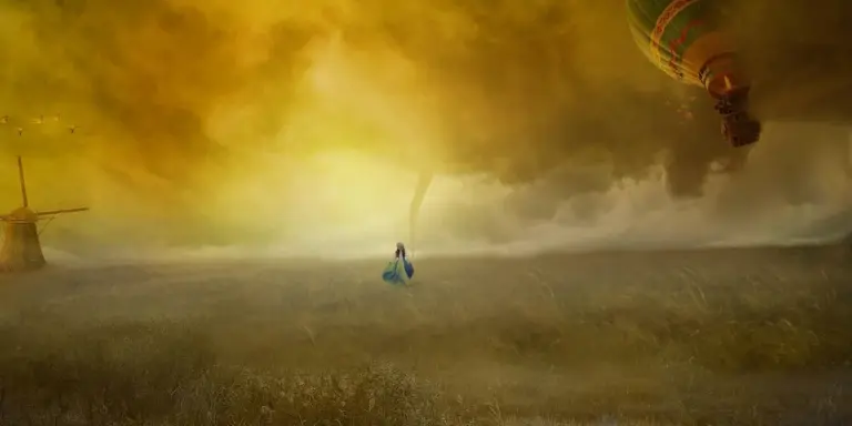 A surreal landscape with a small figure on a grassy plain as a massive yellow storm and smoke sweep across the sky, with a hot air balloon visible on the right.