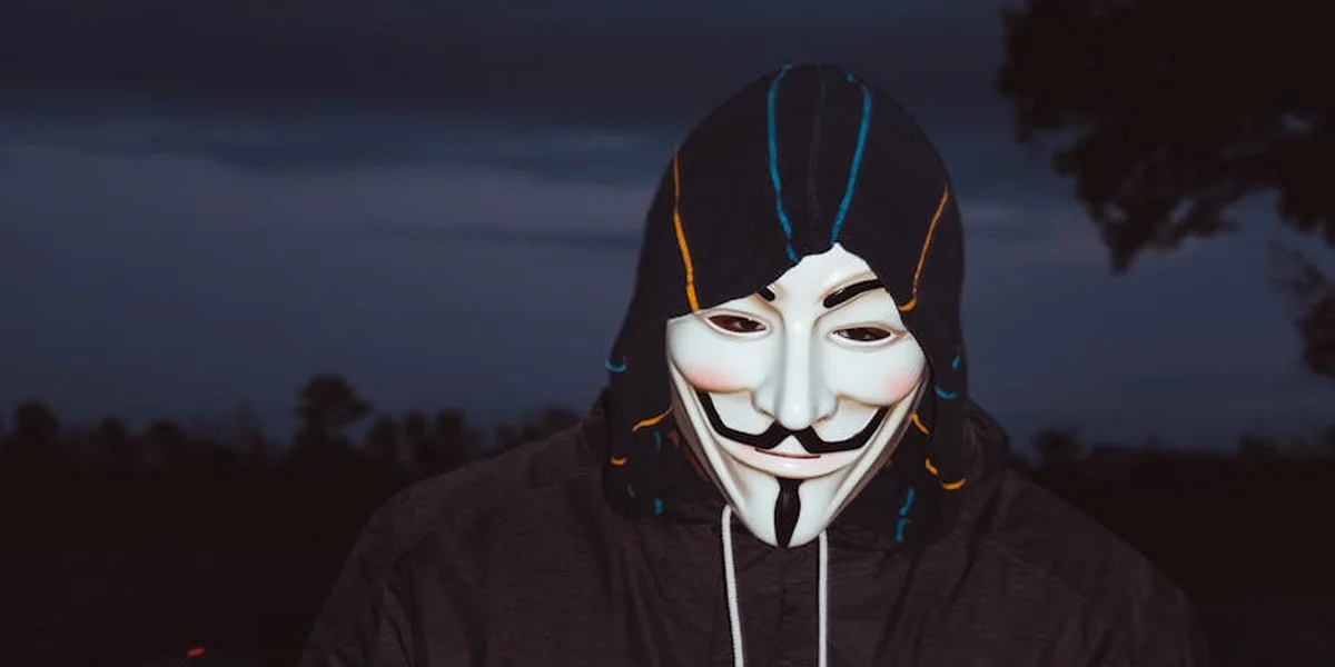 A person wearing a Guy Fawkes mask and a dark hoodie stands in a dim outdoor setting at dusk.