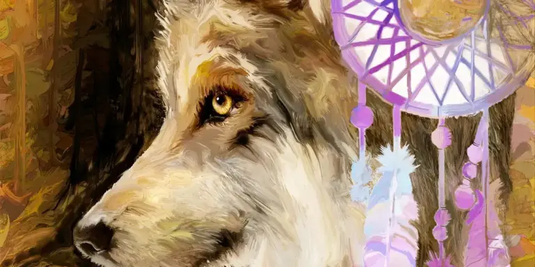 A painterly image of a wolf's head on the left with a colorful dreamcatcher hanging on the right, set against a dark, forest-like backdrop.