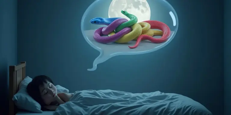 A person asleep in bed with a dream bubble above, containing a tangle of multicolored snakes against a blue background with a full moon.