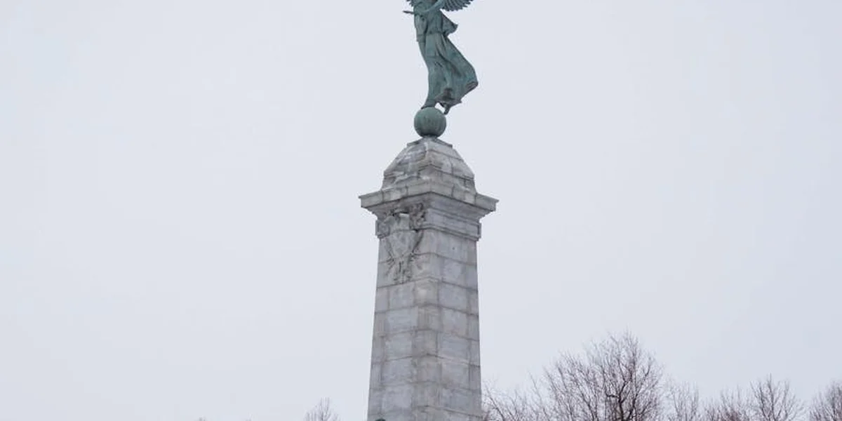 Statue atop a tall stone column in a winter landscape with bare trees nearby.