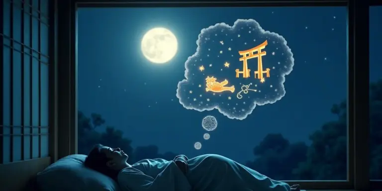 A person sleeping in a dim bedroom gazes at a night sky; a dream bubble contains a torii gate and a fox, symbolizing yokai spirits and kami guardians in Japanese folklore.