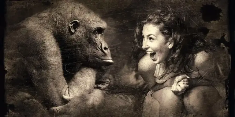 A woman laughing beside a chimpanzee in a sepia-toned photo, suggesting playful connection between humans and nature.