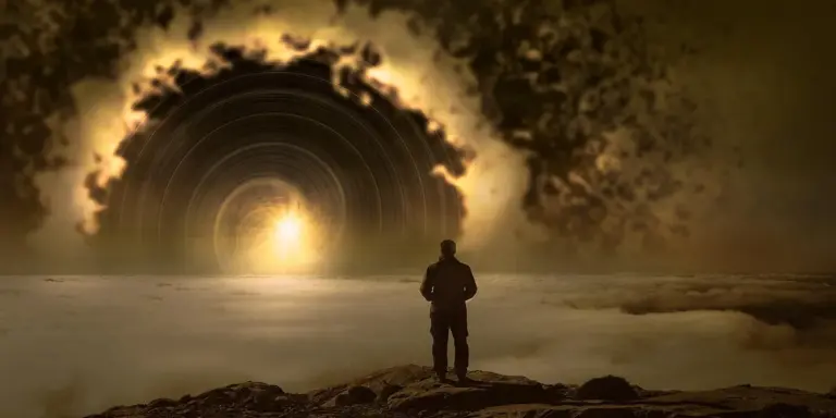 A solitary silhouette stands on a rocky shore facing a glowing circular portal in the sky, surrounded by mist and dark clouds, evoking dreamlike imagery about foresight.