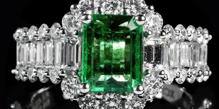 Close-up of an emerald-cut green gemstone ring surrounded by diamonds on a dark background