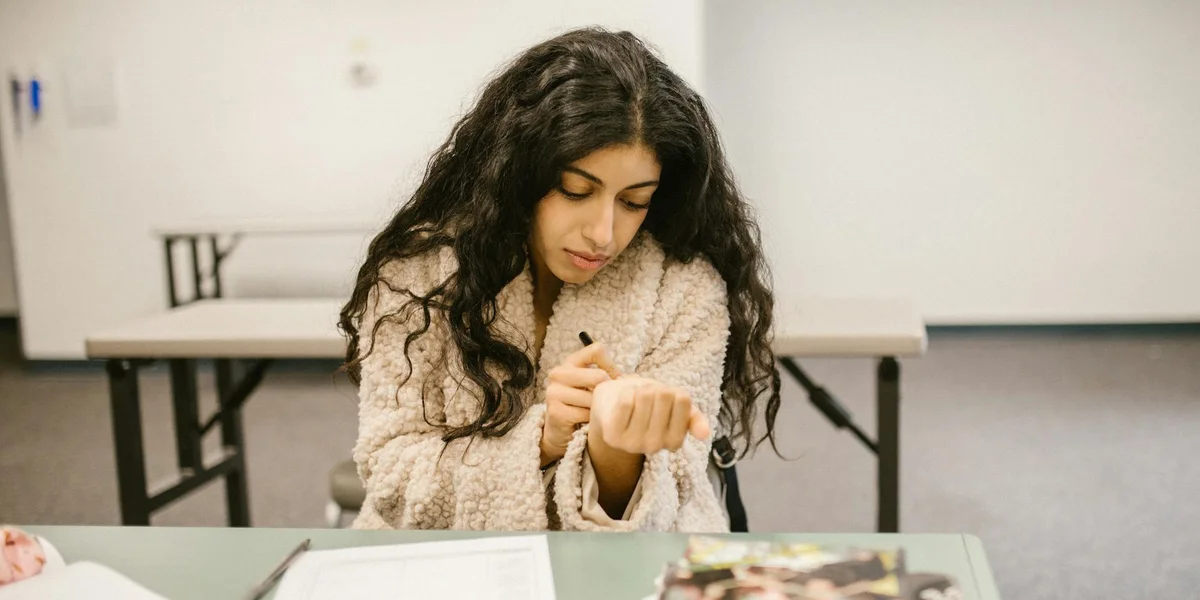 A woman with long dark hair sits at a table, looking down at her wrist with a tense expression, suggesting anxiety about exams.