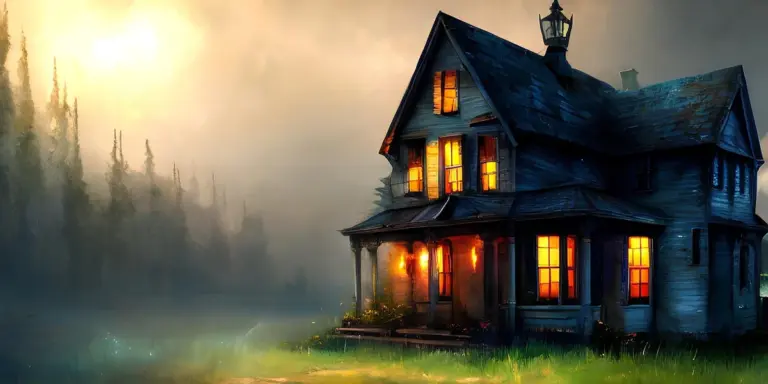 A dilapidated two-story wooden house with lit windows glows warmly in the foggy twilight, surrounded by mist and darkened trees.