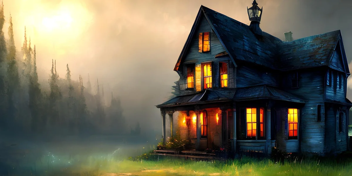 A dilapidated two-story wooden house with lit windows glows warmly in the foggy twilight, surrounded by mist and darkened trees.