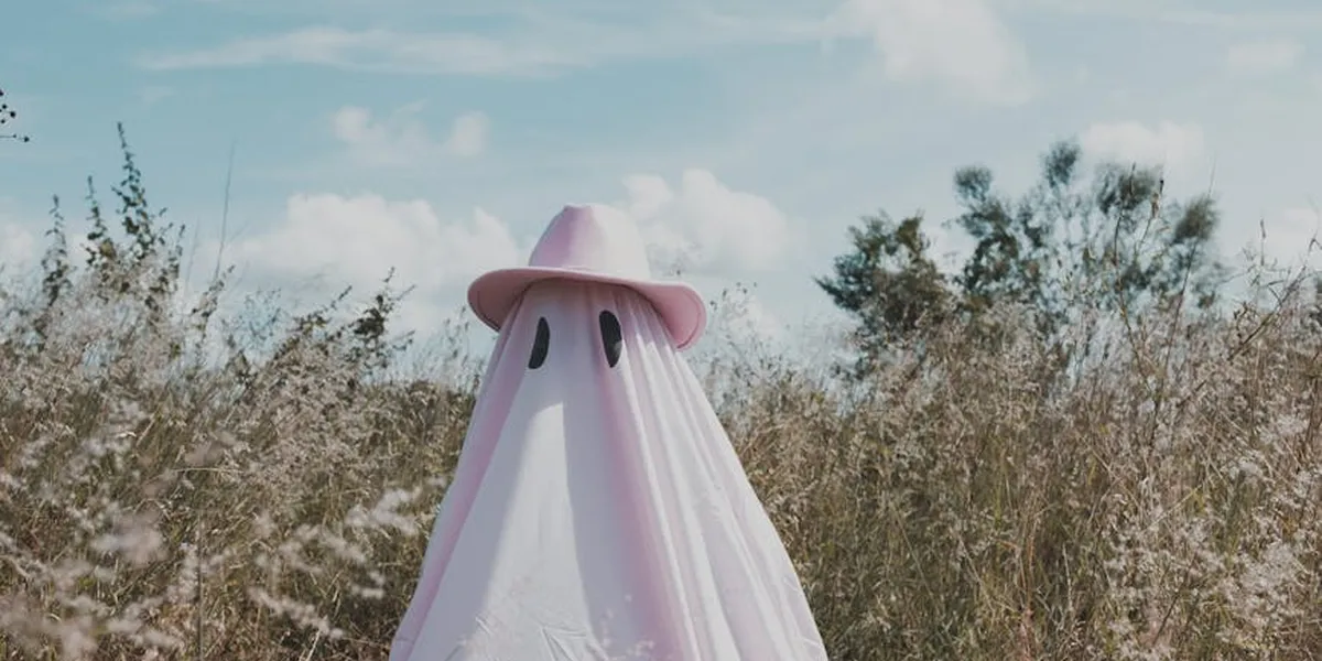 A person in a white sheet ghost costume with a pink hat stands in a field of tall grasses under a blue sky.