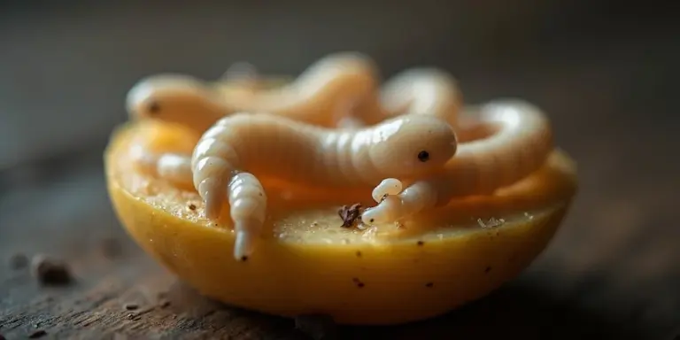 Close-up of white maggots on a halved lemon resting on a wooden surface.