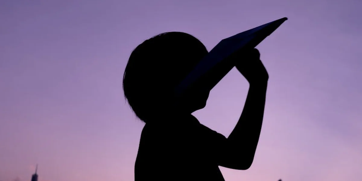 Silhouette of a person wearing a wide-brimmed hat against a purple twilight sky, raising their arms as if conjuring shapes.