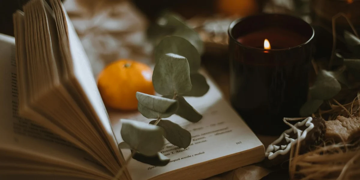 Open book, a fresh orange, eucalyptus sprigs, and a lit candle arranged on a warm wooden surface