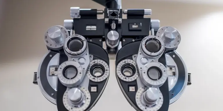 Close-up of a phoropter at an eye clinic during a vision test.