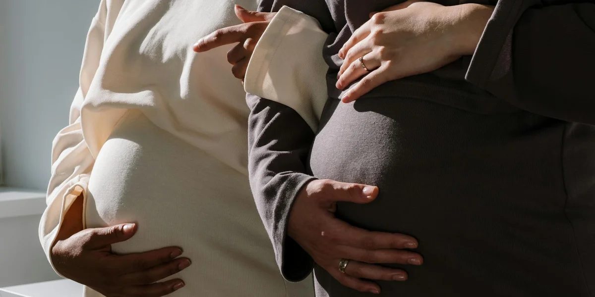 Close-up of a pregnant belly being held by a partner's hands, evoking themes of protection and new life.