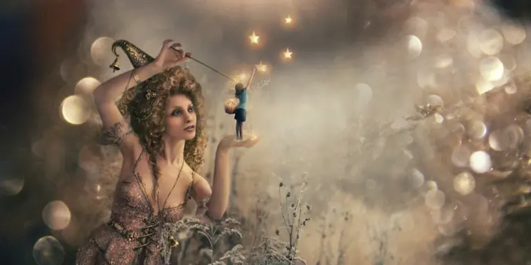 A dreamy fantasy scene of a woman with curly hair in an ethereal landscape, reaching toward a tiny figure suspended on a string, surrounded by soft bokeh lights.
