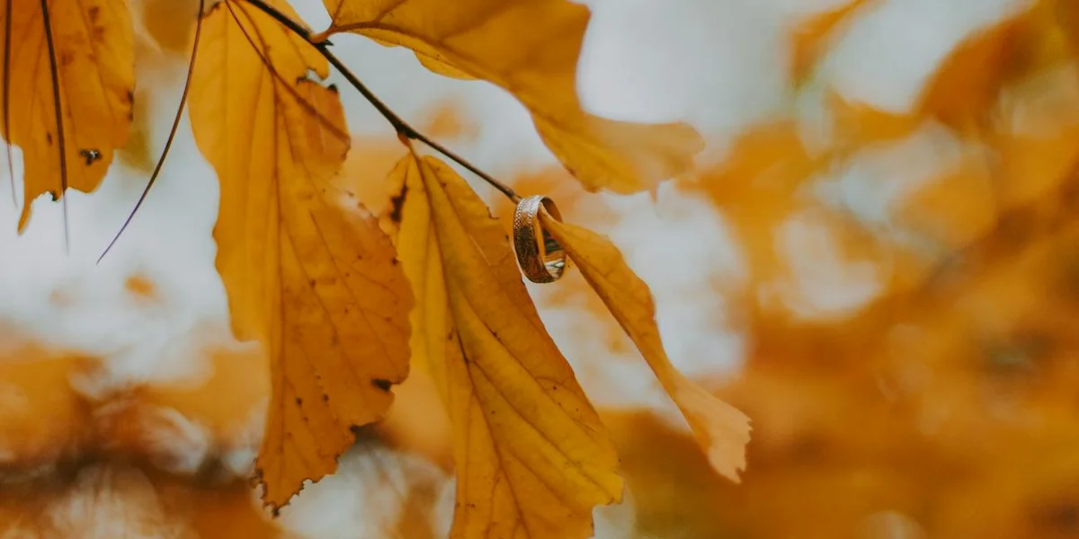 Close-up of a silver ring resting on a yellow autumn leaf, with blurred orange foliage in the background.